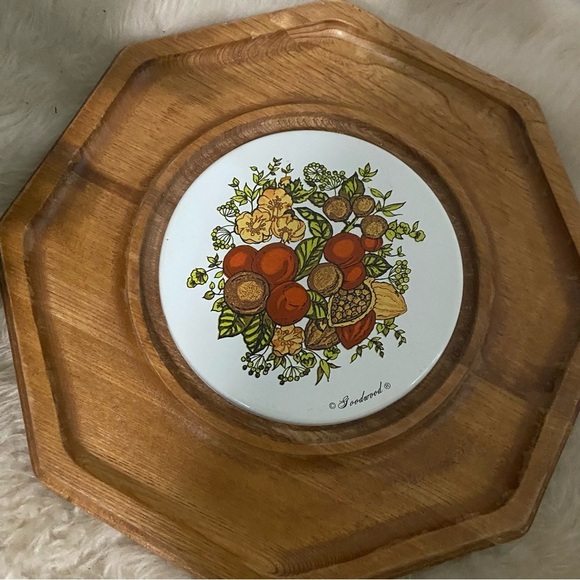 Vintage Wood & Ceramic Floral Octagon Trivet Pot Holder - Picture 2 of 5